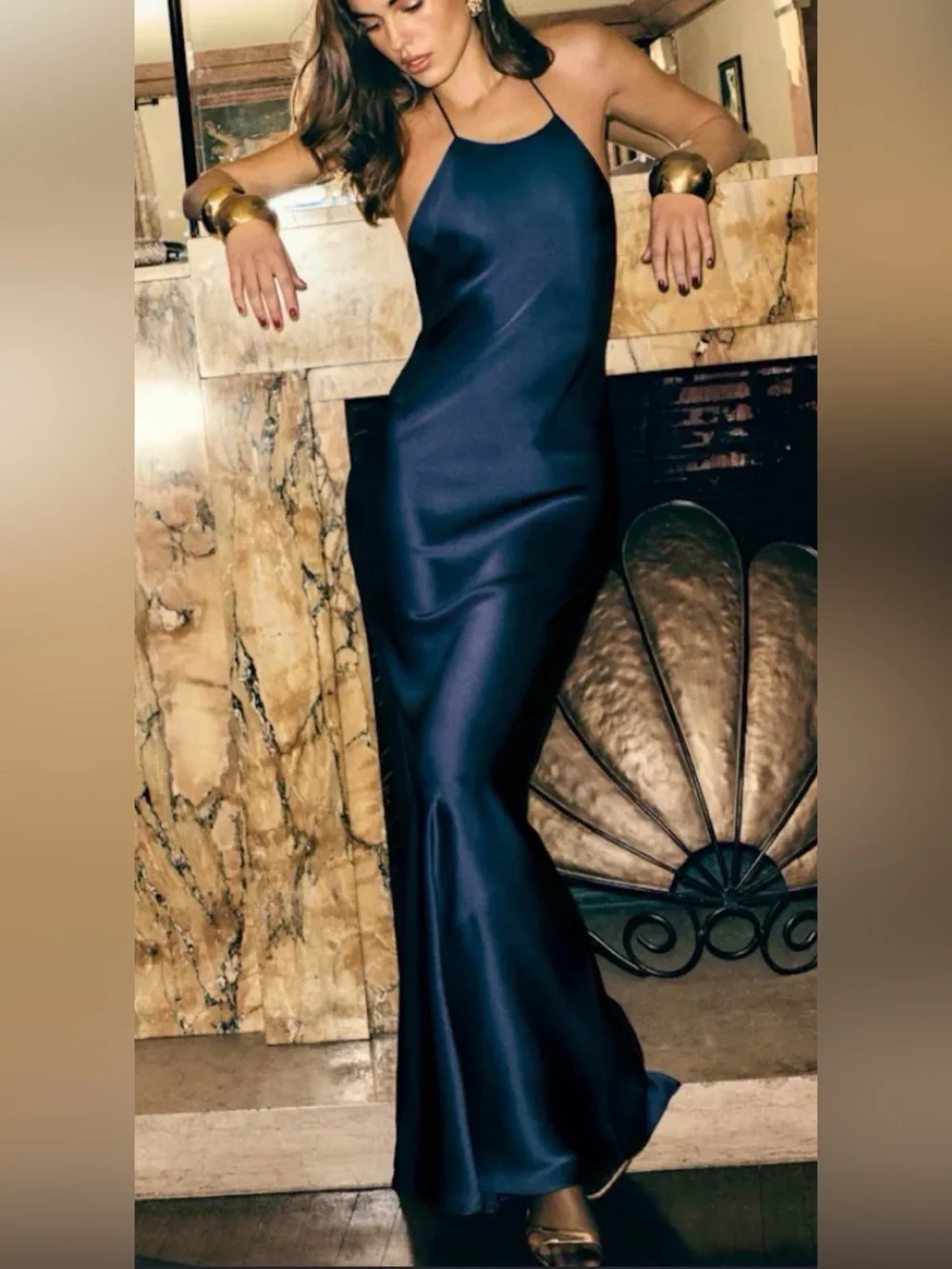 Reformation Jeany Silk Halter Maxi Dress Navy NWT Size L Open Back Bias Cut Gown - Picture 1 of 8